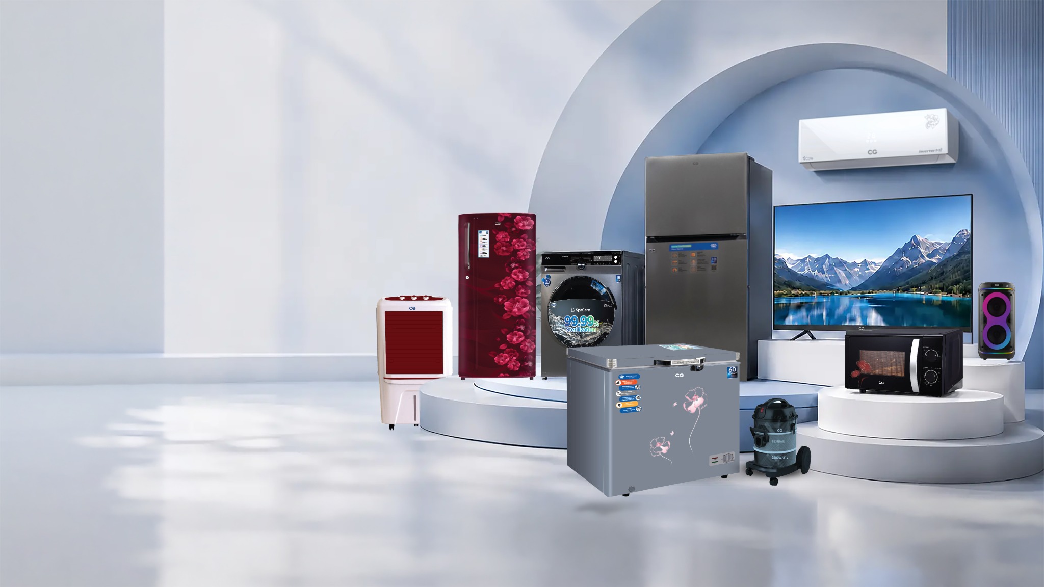 CG home appliances in a bright blue and white studio